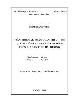 Tóm tắt Luận văn Hoàn thiện kế toán quản trị chi phí tại các công ty sản xuất xi măng trên địa bàn tỉnh Hải Dương